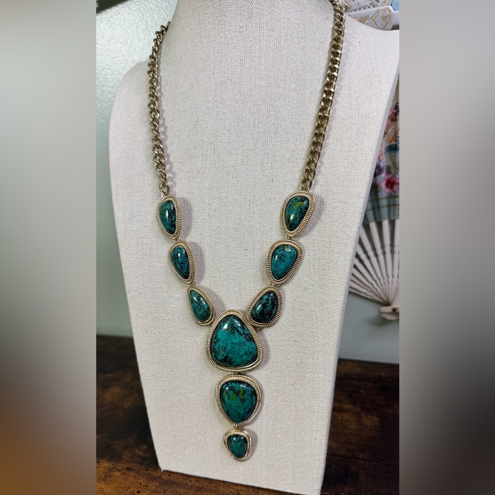 Gold-Tone Necklace with Teal Turquoise Stones - Women Jewelry Necklace